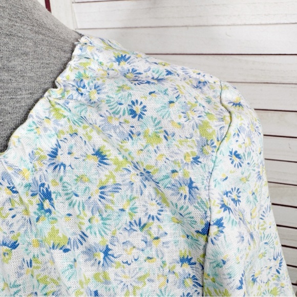 Vntg Villager Liz Claiborne Ditsy Floral Cinch Neck Linen Maxi Dress Blue Medium - Picture 6 of 12